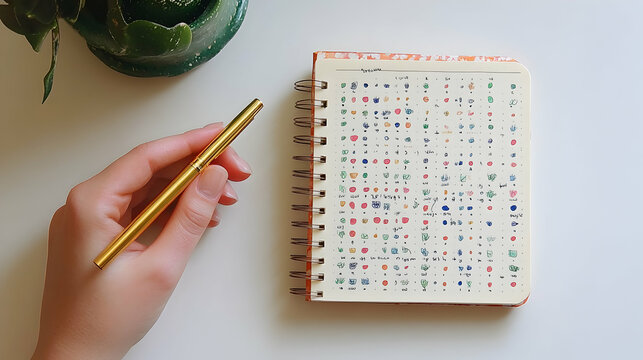 Hand holds pen over colorful notebook on white desk