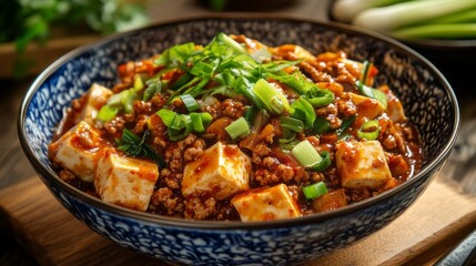 Fototapeta premium Delight in a bowl of Mapo Tofu featuring succulent ground beef, topped with fresh green onions and herbs. This dish combines spiciness and umami, making it truly irresistible