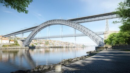 Steel arch bridge over river, city skyline, pedestrians, sunny day
