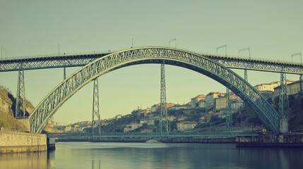 Naklejka premium Steel arch bridge over river, city skyline background