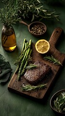 Gourmet Steak Dinner Presentation with Herbs, Lemon, and Asparagus on Wooden Board, Culinary Food Photography