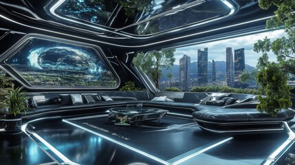 Fototapeta premium Futuristic luxury lounge with city view, interior, and nature background