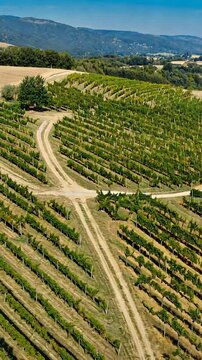 Aerial view of a vineyard, ascending drone shot