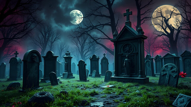 Fantastically mysterious cemetery with tombstones and terribly scary atmosphere, abstract vivid composition consists of fictional unreal fantastic vision on background