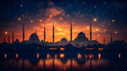 Fototapeta premium Illuminated Mosques at Night Over Water