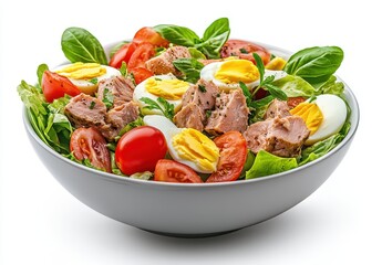 Fresh and Healthy Salad Bowl with Tuna, Hard-Boiled Eggs, Cherry Tomatoes, and Spinach on a Bright White Background
