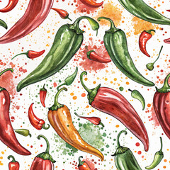 Chili pepper seamless background, vibrant red and green peppers with splashes of color, spicy and energetic 