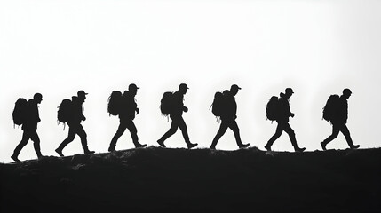 Hikers Silhouettes on Mountain Ridge