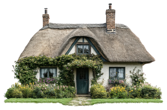 PNG English cottage architecture thatched flowers.