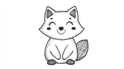 A cute smiling fox illustration drawn in black and white
