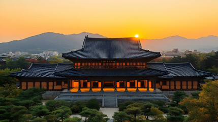 Fototapeta premium Illuminated temple at sunset, mountain backdrop.