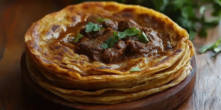 Malabar parotta, flaky layered Indian bread served with spicy beef curry
