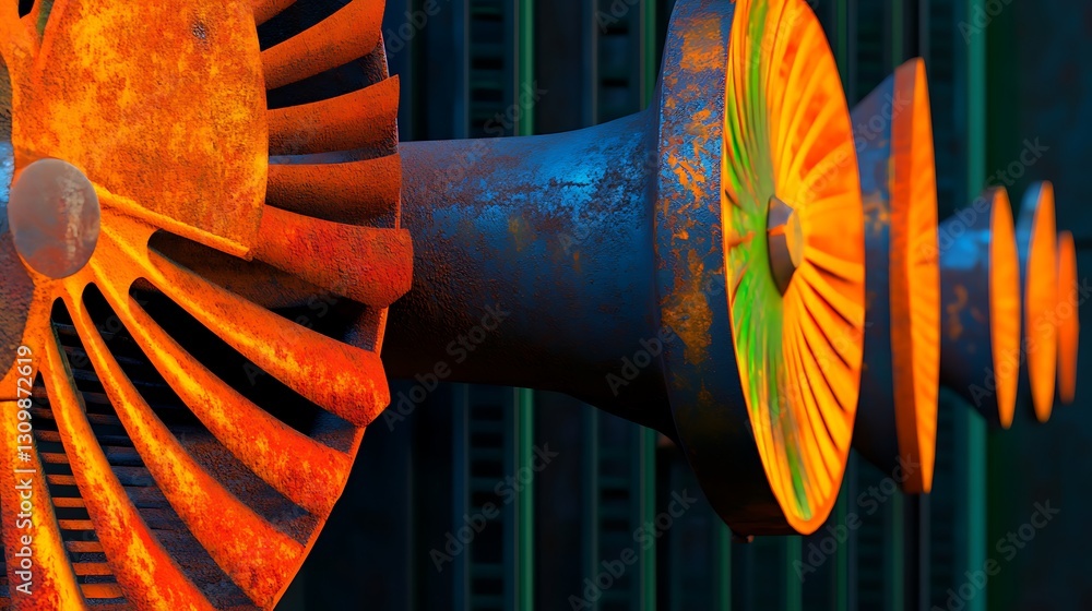 Poster close-up view of colorful turbine components showcasing intricate design and texture