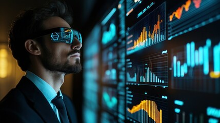 Fototapeta premium Businessman Analyzing Data Wall with AR Glasses
