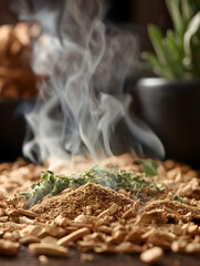 Incense smoke rising over dried herbs and wood chips