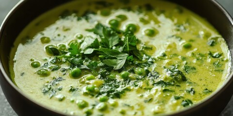 Obraz premium Methi malai matar, a creamy curry made with fenugreek leaves, green peas, and cashew paste