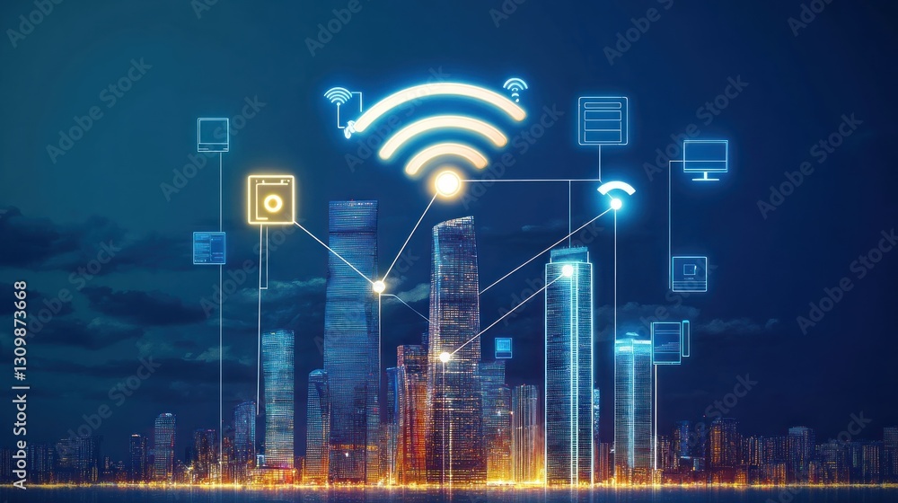 Poster smart city infrastructure visualized with interconnected devices and wireless network