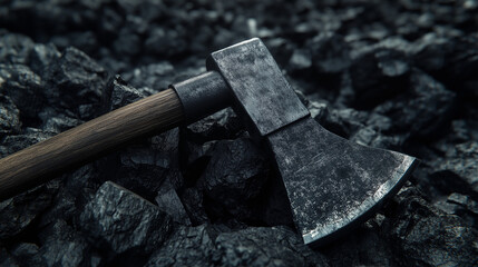 Rustic axe resting on a pile of coal, highlighting the textures of industrial tools and natural resources.