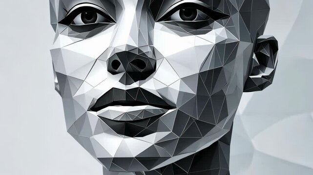 A low poly woman character face model with geometric features in abstract space. A video game model.