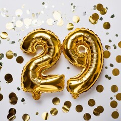 Gold balloon number 29 for twenty-ninth birthday or anniversary party. White background with confetti