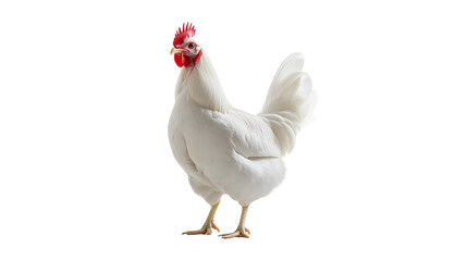 Fototapeta premium A solitary white chicken stands alone against a white backdrop.