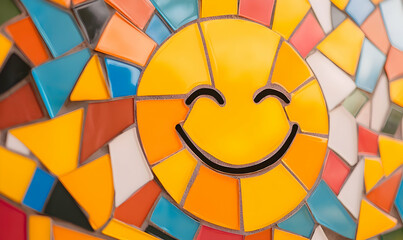 Obraz premium Colorful Mosaic Sun Smiling Bright with Vibrant Tiles and Patterns