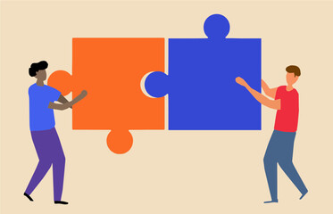 Two young men work together to put together two jigsaw puzzle pieces in an illustration about teamwork.
