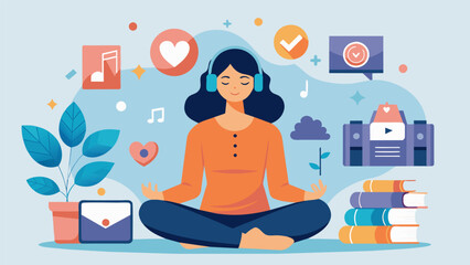 Fototapeta premium A woman sits in a quiet room listening to calming music as she creates a collage of positive words and images that inspire mindfulness.. Vector illustration