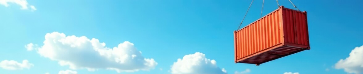Hanging cargo container amidst wispy clouds with blue sky above, container, freight, blue