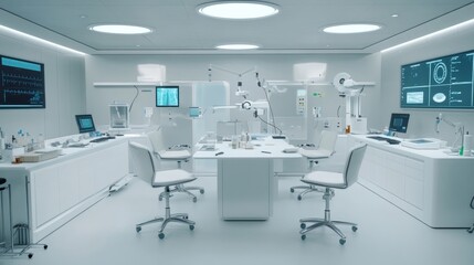 Bright white lab interior with equipment, monitors, chairs, tables. Clean background