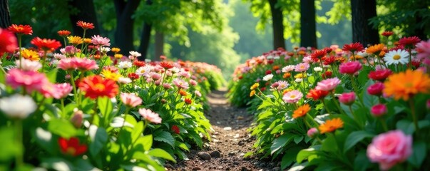 Fototapeta premium A solitary path amidst a sea of blooming flowers, botanical photography, greenery