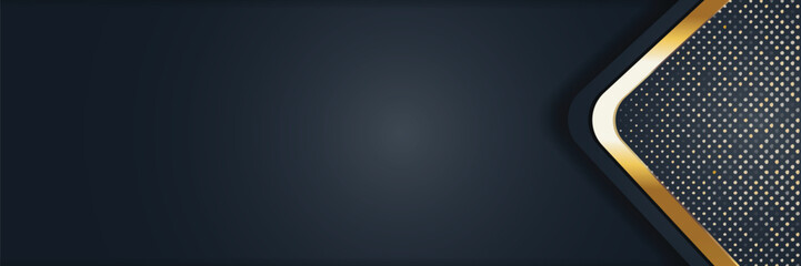 Gold-accented dark background design; elegant, textured corner; website banner
