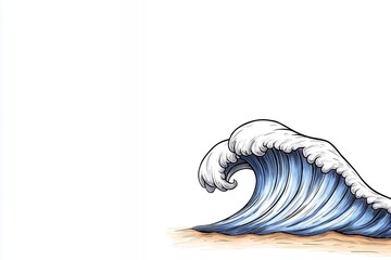 Cartoon Wave with White Foam Crashing on Sandy Beach with Clear Sky