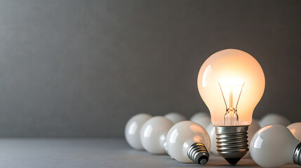 Minimalist composition with a single light bulb surrounded by a group of dead, dim bulbs. The background is grey minimalist, creating a dramatic contrast