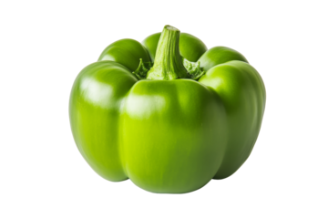 Green Bell Pepper on White - A vibrant green bell pepper, fresh and juicy, sits against a clean white background. This symbolizes health, freshness, vitality, nature's bounty, and wholesome goodness