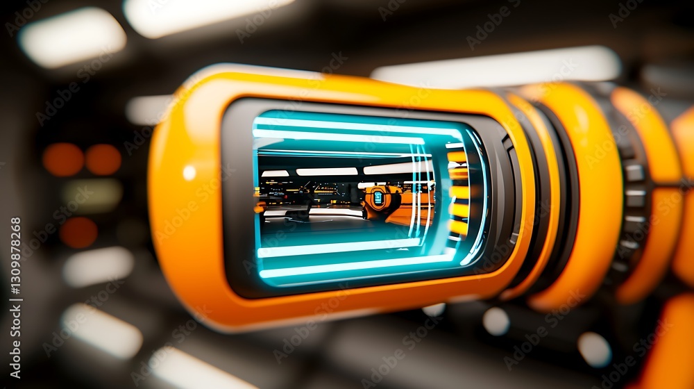 Poster close-up view of futuristic orange device showcasing intricate interior details in a sci-fi setting