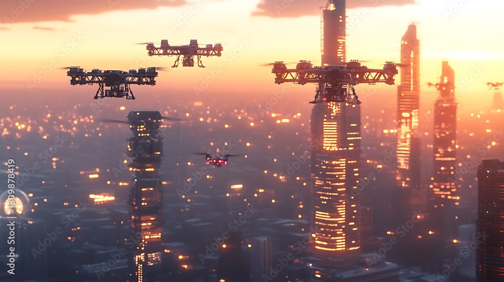 Poster advanced robotic drones assembling futuristic skyscraper frameworks in a glowing cityscape at sunset