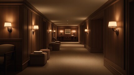 Dimly lit hotel corridor, plush seating, artwork