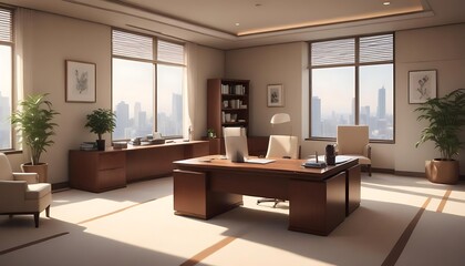 Modern spacious executive office interior with large city skyline view