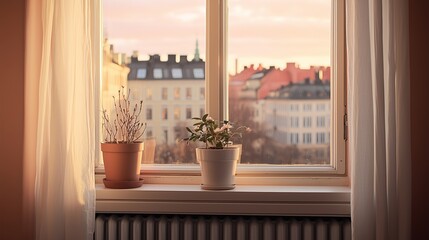 Daylit Stockholm apartment window view: pink sky, beige walls, flower pot, white curtains, cityscape close-up