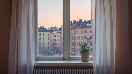 Daylit Stockholm apartment window view: pink sky, beige walls, flower pot, white curtains, cityscape close-up