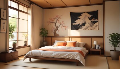 A serene and beautifully decorated Japanese style bedroom interior
