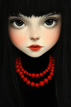 Doll with red necklace, confident mood, facing forward, with black copy space for book cover