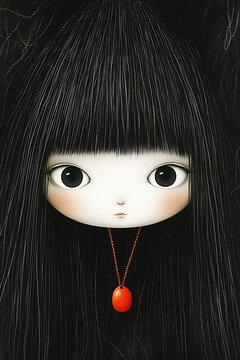 Doll with black hair, neutral mood, facing forward, on dark textured background