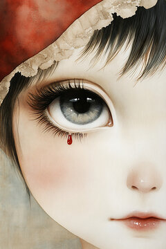 Doll's eye with blood tear, emotional mood, close-up, with red hat on faded background
