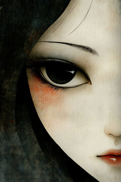 Doll's gaze, mysterious mood, close-up, on dark textured background