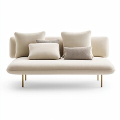 Fototapeta premium A plush daybed in cream fabric with brass legs, styled with patterned throw pillows , isolated on a white background