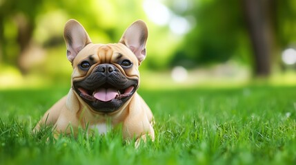 Fototapeta premium Happy French Bulldog lying on green grass in a sunny park during a warm afternoon