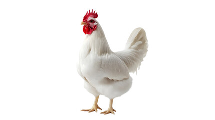 Fototapeta premium A solitary white chicken stands alone against a white backdrop.