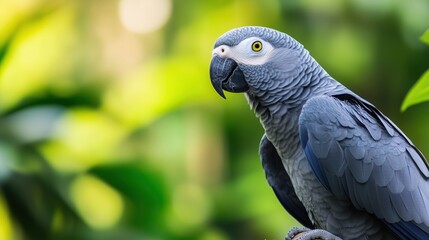 Obraz premium Majestic gray parrot perched among lush green foliage in a vibrant tropical setting